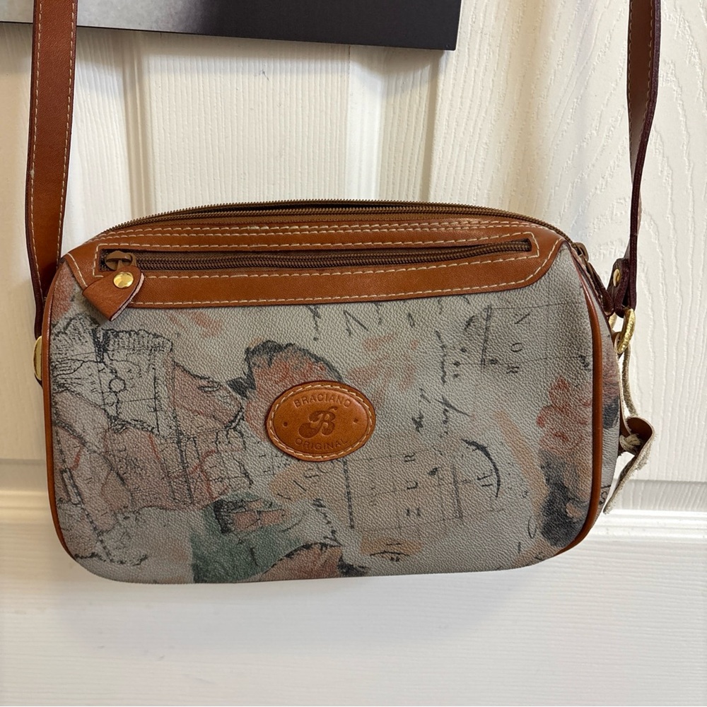 Braciano Brown Leather Trim Map Print NWT Crossbody/Shoulder Bag